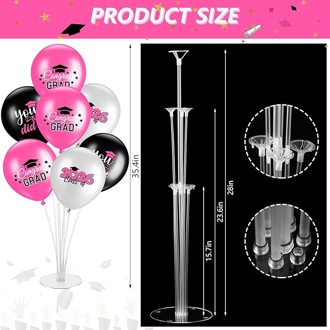 4 Set Graduation Party Balloon Stand Kits for Table Centerpieces Balloon Tables Holders with Congrats 2026 Graduation Party Decorations for School College Photo Props(Pink)