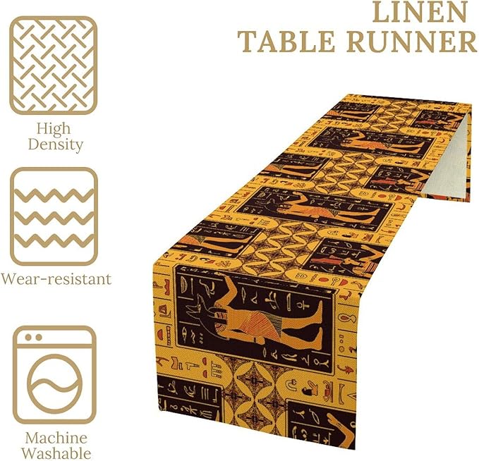 Retro Egypt Table Runner, Vintage Egyptian Gods Ancient Egyptian Hieroglyphs Table Runner for Kitchen Family Dining Holiday Party 13x70in