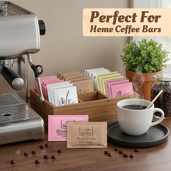 Sweetmo Sugar Packets Variety Pack - Sucralose, Raw Sugar, Saccharin, Cane Sugar with Wooden Stirrers - 400 Count for Coffee, Tea, Office Breakrooms