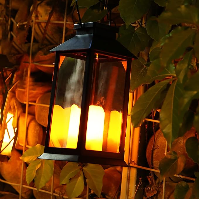 Tomshine 2 Pack Solar Lanterns, Outdoor Garden Hanging Lanterns, 11.8 Inch LED Flickering Flameless Candle Mission Lights for Yard, Table, Patio (Black)