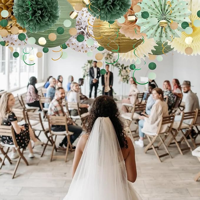20PCS Sage Green Party Decoration,Green Paper Lanterns Fans,Pom Poms Flowers,Hanging Party Garland for Women Girls Boys Adults Birthday Party,Wedding,Baby Shower,Bridal Shower Party Decor