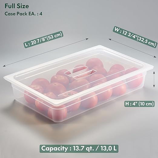 CURTA 4-Pack Full Size 4" Deep Food Pan with Handled Lid – NSF Listed Commercial-Grade Translucent Polypropylene, Stackable Freezer-Safe Storage for Restaurants, Catering & Buffets