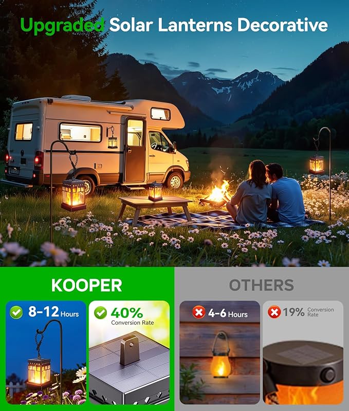 KOOPER Hanging Solar Lanterns Outdoor Waterproof, 4PCS Flickering Flame Hanging Solar Lights for Outside, Outdoor Solar Lanterns up to 12 Hours, Lanterns Decorative for Patio Porch Yard Garden Decor