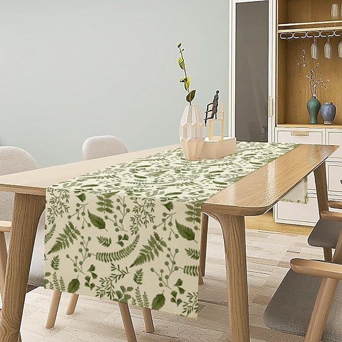 Green Leaves Table Runner,Spring Summer Herbs Botanical Natural Plants Print Table Runner for Kitchen Dining Table Farmhouse Home Party Decor 13x70in