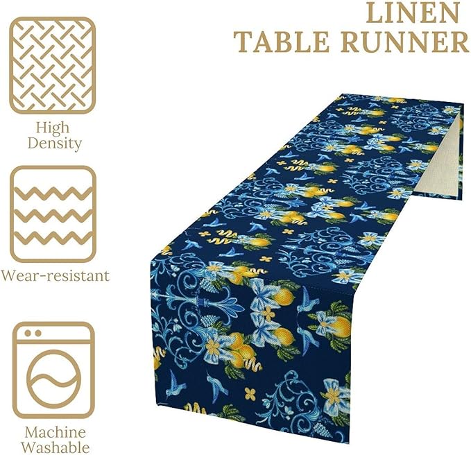 Lemon Fruit Table Runner Nature Bow Farmhouse Talavera Ethnic Folk Rustic Birds Aesthetic Dining Table Decoration for Home Holiday Party Dresser Kitchen Cabin Restaurant Wedding Decor 13×90in