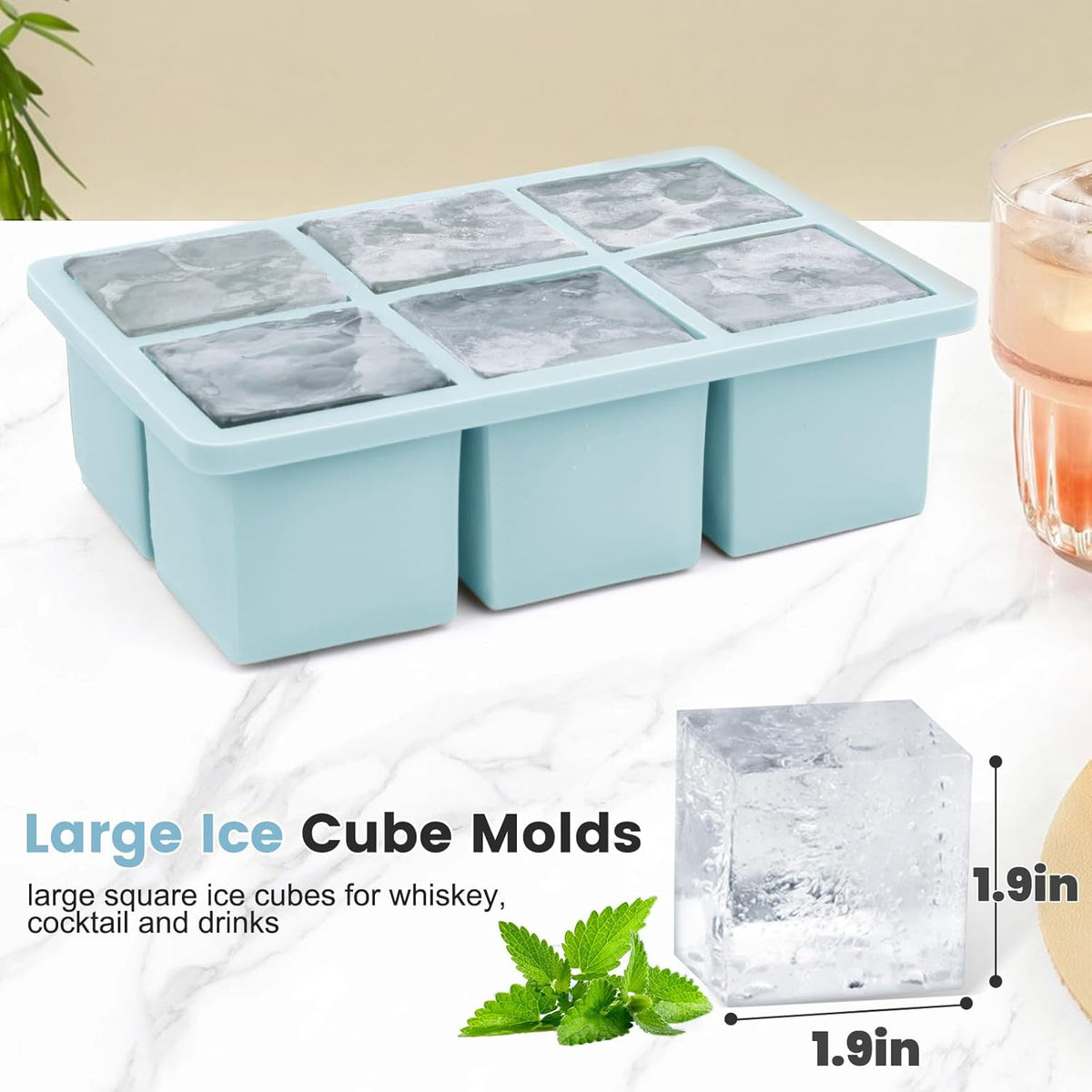 Large Silicone Ice Cube Tray 3Pack, SAWNZC Big Square Ice Cube Molds for Whisky Cocktail, Ice Maker Tray with Lid for Freezer, Easy Release (2, Blue)