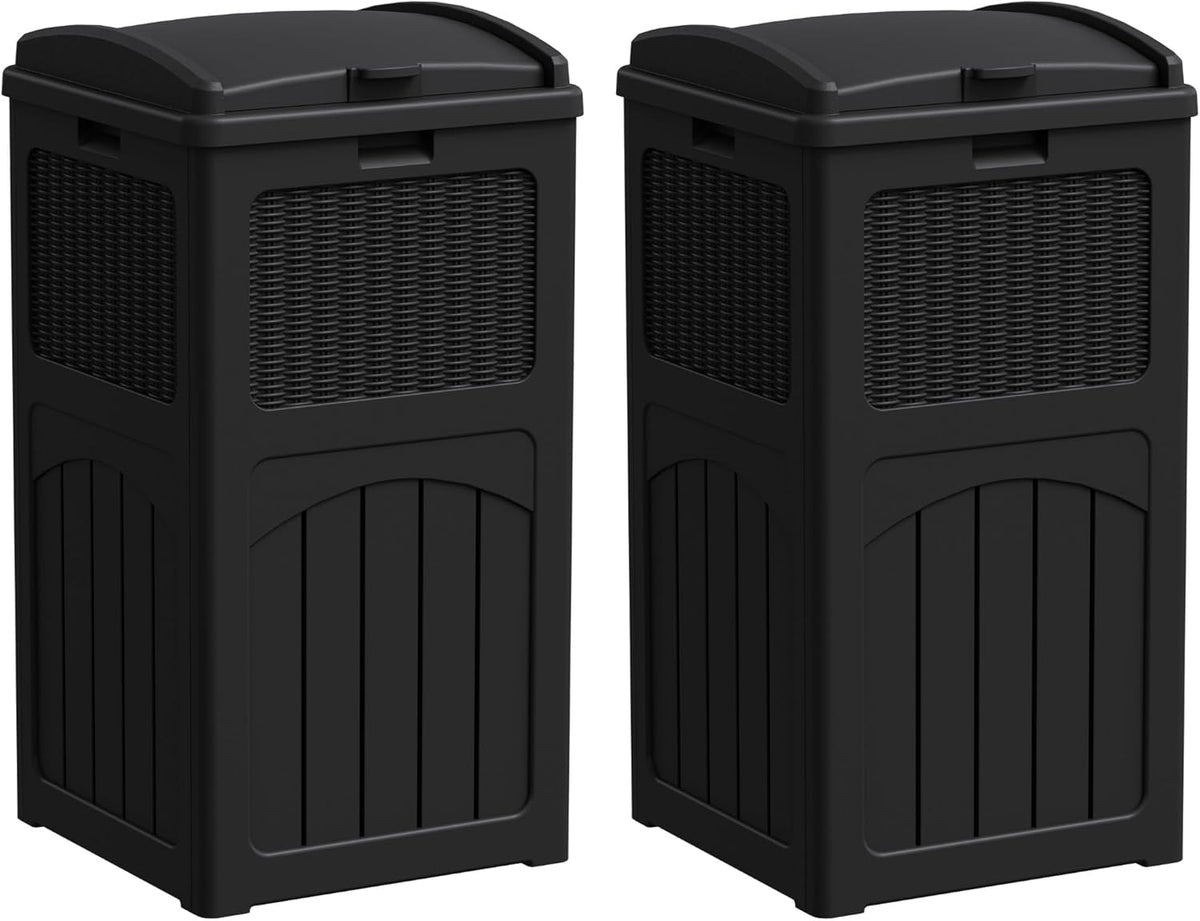 Greesum 33 Gallon Outdoor Trash Can with Lid (2-Pack), Heavy Duty Resin Garbage Bin, Waterproof & UV Resistant for Patio, Garden, Deck, Yard, Dark Black