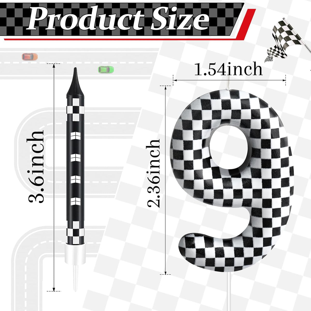 13 Pcs Racing Cars Themed Birthday Candles Black and White Race Number 9 Checkered Candle Cake Topper for Racing Car Party Decoration Supplies (Number 9)