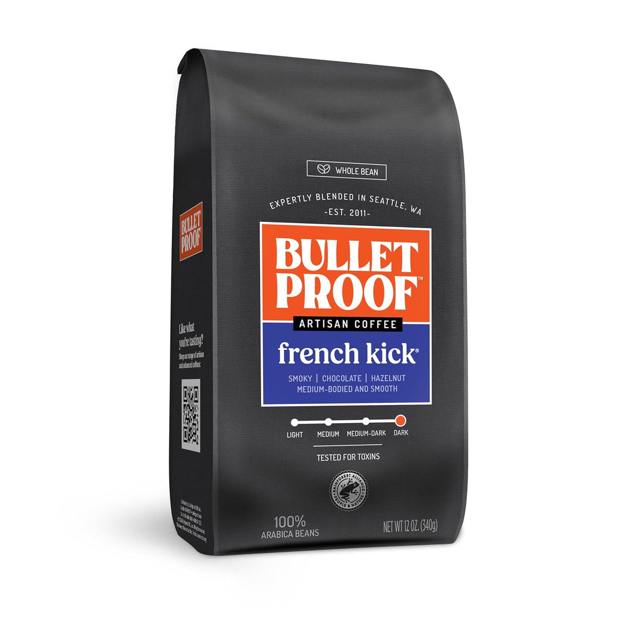 Bulletproof French Kick Dark Roast Whole Bean Coffee, 12 Ounces, Clean Coffee Tested for Toxins