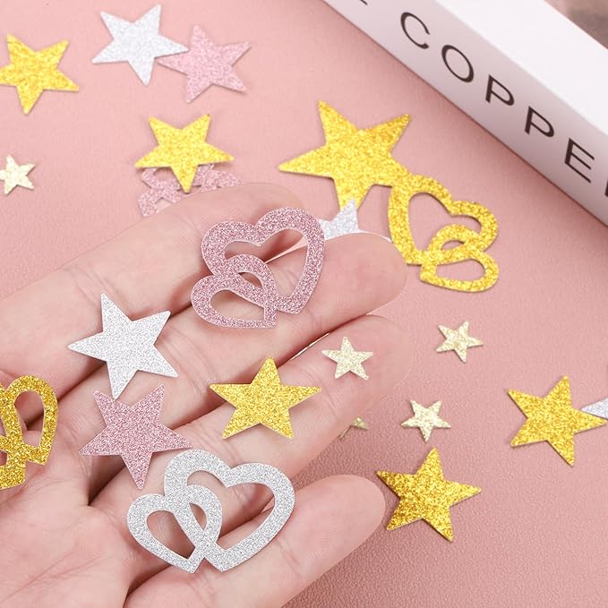 MECCANIXITY 200Pcs Star Confetti Glitter Confetti Table Confetti Decor for Party Wedding Festival Decorations,0.79x0.79Inch,Pink/Silvery/Gold