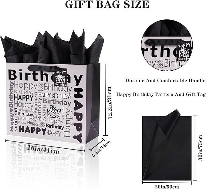JWSCYSY White and Black 16" Extra Large Gift Bag with Tissue Paper and Card, Happy Bithday Gift Bag for Men Women Birthday - 16" x 12.2" x 5.5", 1 Pcs