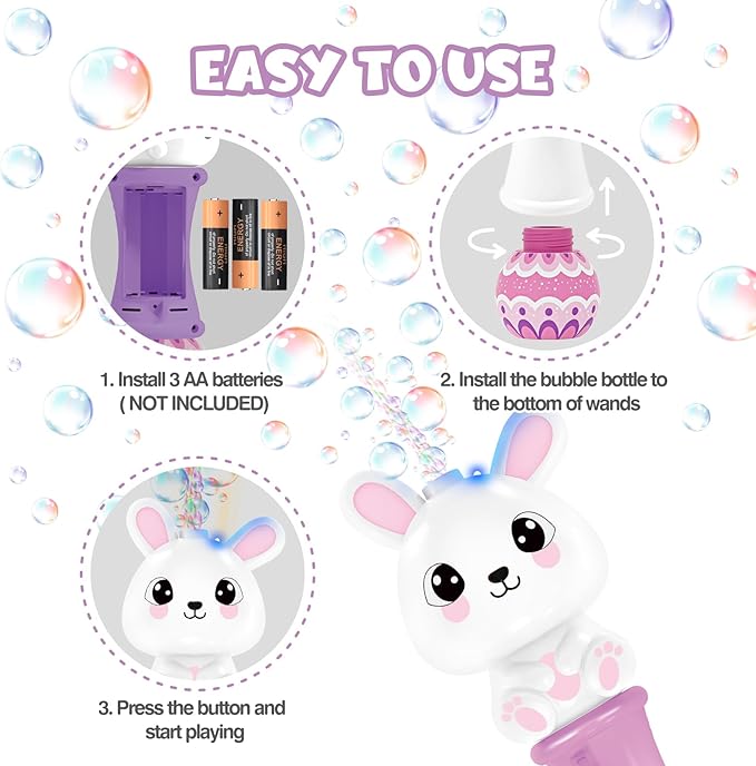 Shemira 2 Pack Bubble Wands for Kids, 11.2 inches Automatic Bubble Blower with Light, Bubbles Maker Toys with 4 Solution Sticker, Bunny Bubbles Wand for Girls, Summer Outdoor Indoor Activity
