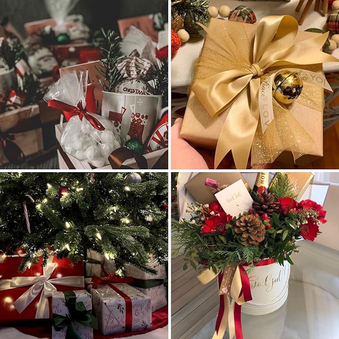Dark Green Christmas Ribbon, Burgundy Satin Ribbon 1-1/2 Inch 50 Yards, Fabric Ribbons for Christmas Party Decorations, Gift Wrapping, Tree Ornaments, Bouquets, Door Wreath, Bows Making and DIY Crafts