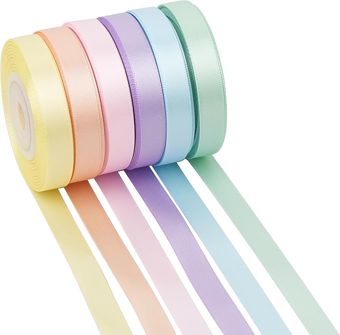 3/8 Inch Pastel Rainbow Double Face Satin Ribbon Set, 6 Rolls, 60 Yards, Assorted Colors for Gift Wrapping, Hair Bows, Bouquets, Wedding, Party Decor and DIY Crafts