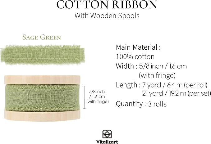 Vitalizart Sage Green Cotton Ribbon Handmade Fringe 5/8" x 21 Yd Pure Natural Cotton Ribbons for Gift Wrapping Wedding Invites Bridal Shower Bouquets Holiday Decor