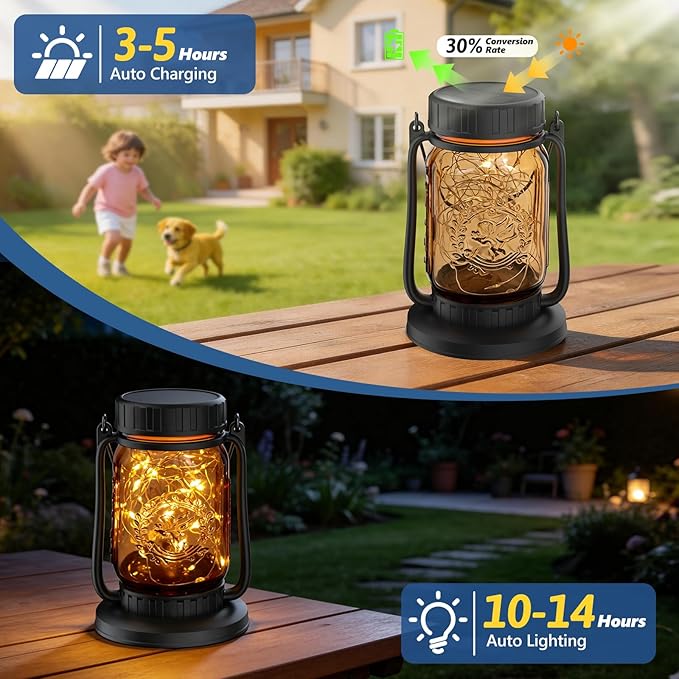 Solar Mason Jar Lantern Outdoor Waterproof, Hanging Solar Lantern Lights for Outside, Fairy Glass Decorative Lantern for Yard Patio Garden Porch Table Wedding, 2 Pack