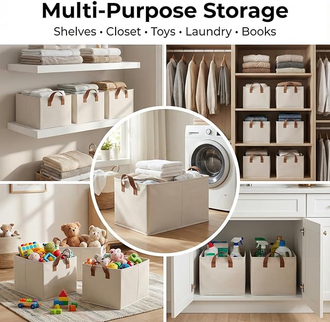 3 Pack Storage Bins Fabric Collapsible Organizers with Handles Sturdy Canvas with PP Board Beige Foldable Storage Box for Closet Shelves, Books, Toys, Clothes, Office Organization