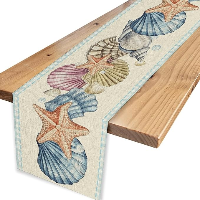 Summer Starfish Table Runner, Blue Check Sea Coastal Seashell Beach Nautical Starfish Ocean Table Runner Seasonal Holiday Home Kitchen Dining Table for Home Party Decor 13"x36"