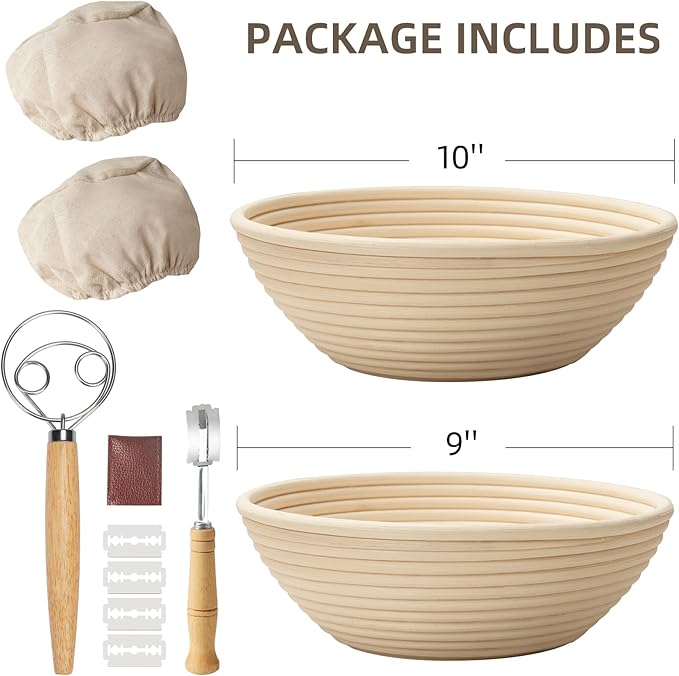 Bread Proofing Basket, Kikcoin Banneton Bread Proofing Basket Set of 2, 9 Inch & 10 Inch Round Sourdough Proofing Basket with Linen Liner, Bread Lame