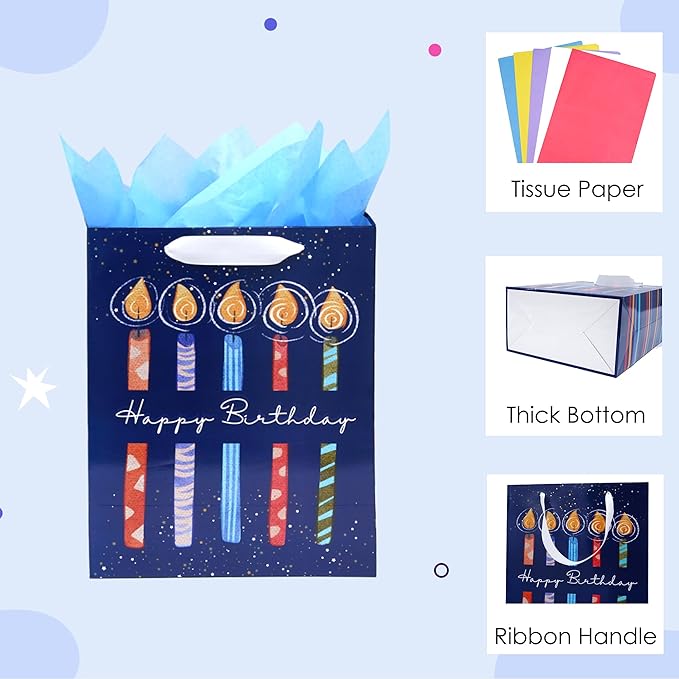 Nihuecne 8 Pack Birthday Gift Bags Assorted Sizes (2 Extra Large 15", 3 Large 13",3 Medium 9") with Ribbon Handle and Tissue Paper, Reusable and Perfect For Wrapping Present