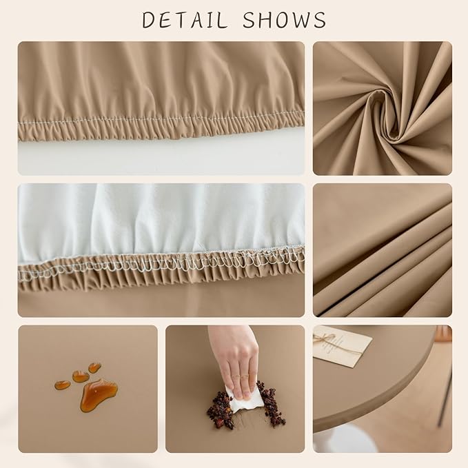 Round Fitted PU Tablecloth with High Elastic Edge 28 Inch Dia Waterproof Oil Proof Table Cloth Anti-scald Stain-Resistant Wipeable Table Cover for Indoor Outdoor Picnic (Cream Coffee,28"Dia)