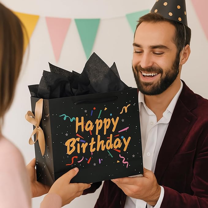 Febbleshow Black Birthday Gift Bags with Tissue Paper - Matte Finish with Gold Foil Lettering and Confetti Design - Birthday Party Gift Bag for Men Women Kids - 13"x10.3"x4.7" (Pack of 2)