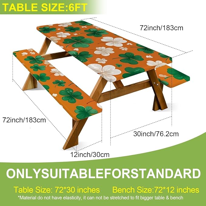 ANNA QUEEN 6FT Four Leaf Clover Orange St. Patrick's Picnic Table Cover with Bench Covers Picnic Table Cover Set 3PCS 72"x30", Outdoor Bench and Tablecloth Furniture Protection