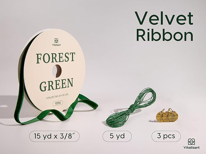 Vitalizart Green Velvet Ribbon 3/8" Continuous Fabric Trim Thin Dark Forest Green Ribbon 15Yd for Gift Wrapping, Tree Ornaments, Vintage Christmas Paper, Crafts, Bows, Holiday Decor with Gift Twine