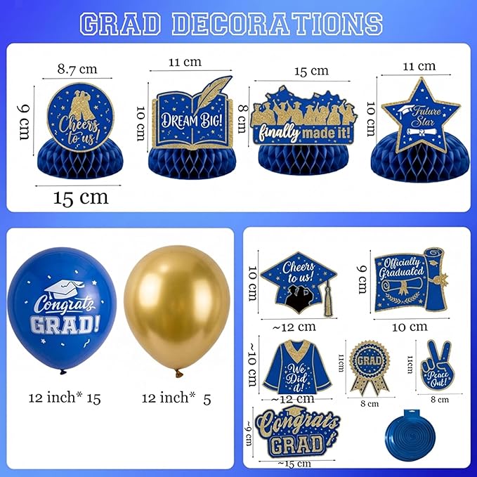 2026 Graduation Decorations Royal Blue and Gold - Congrats Grad Banner Backdrop, Hanging Swirls, Honeycomb Centerpieces & Balloons - Class of 2026 Party Supplies Set