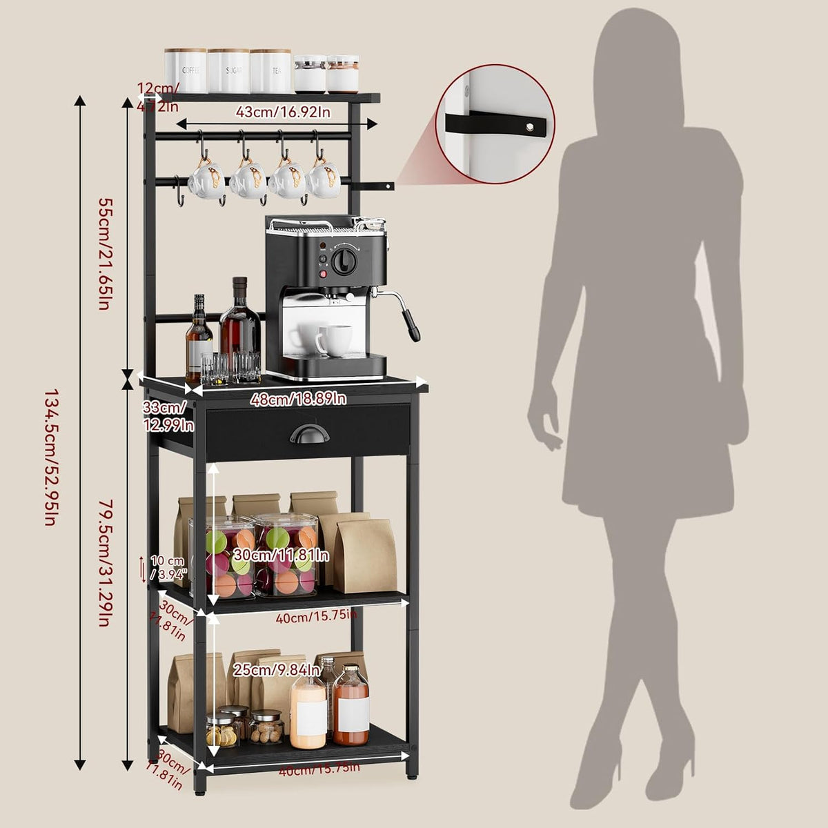 Ymyny 5 Tier Coffee Bar Station, Coffee Stand with Fabric Drawers, 8 S-Shaped Hooks, Corner Bar Cabinet, Height Adjustable, Bakers Rack for Kitchen