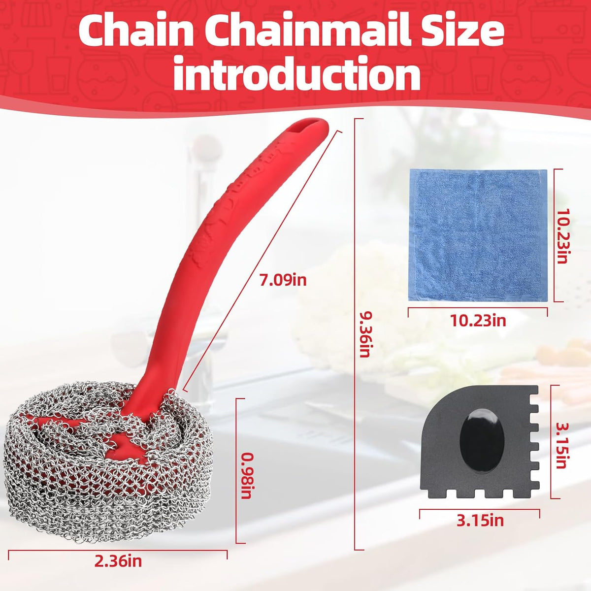 Cast Iron Chainmail Scrubber with Handle （ABS） - Cleaner for Pans and Pots - Premium Stainless Steel/Silicone Scraper for Skillets - Ergonomic Food-Safe Design - Easy to Clean Cookware Dish Brush