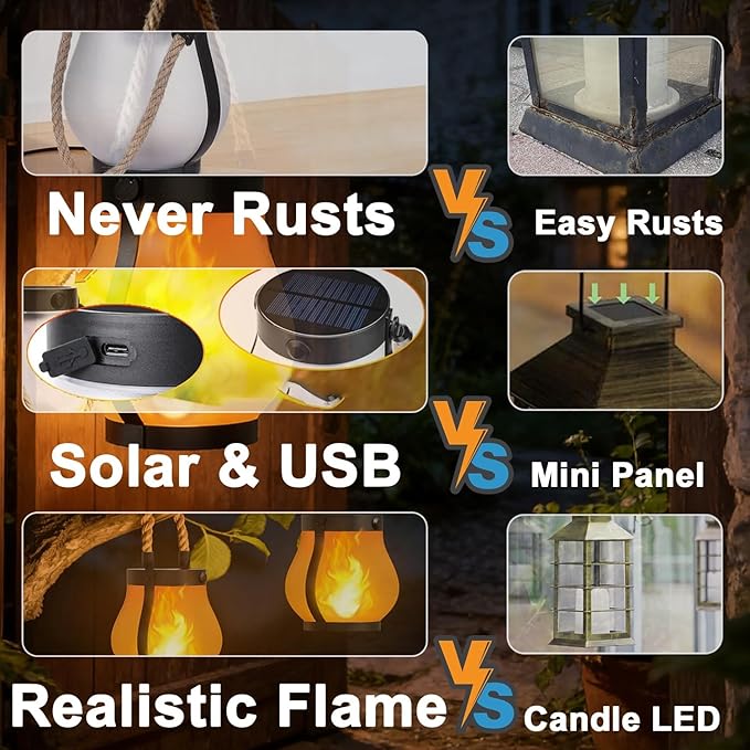 Solar Lanterns Outdoor Waterproof 2 Pack Hanging Solar Lantern with Flickering Flame, Solar Flame Lantern with USB Charging, Decorative Lanterns Lights for Yard Porch Camping Patio
