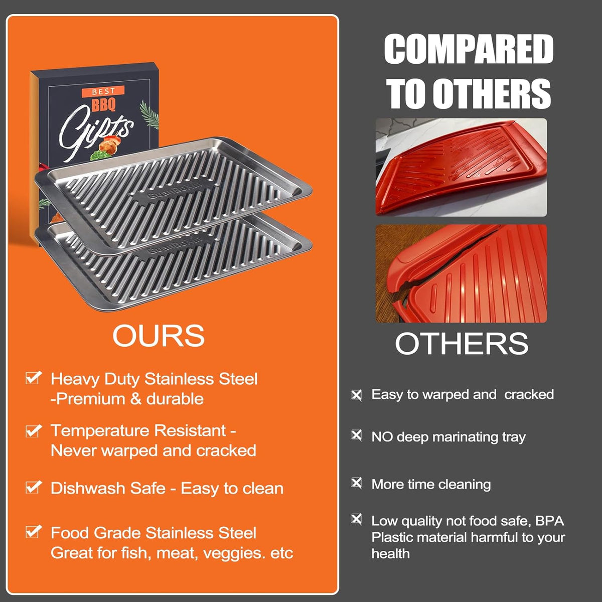 Grilling Prep and Serve Trays Set of 2 Stackable Stainless Steel BBQ Trays Marinating Tray Food Serving Platter for Cooked and Raw Meat BBQ Prep Tub