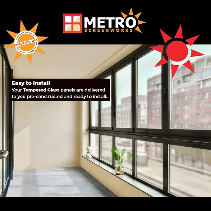 Metro Screenworks Framed Tempered Glass Panel for Porch & Patio Panels, Outdoor Enclosures, (33-1/8" x 34-3/8", White) Enclose Your Porch with Tempered Glass Panels - Glass Panel Replacement