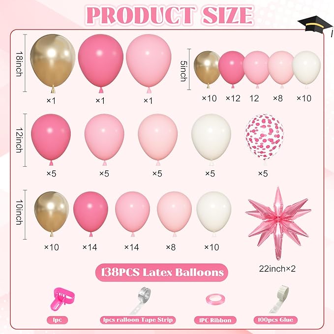 Ouddy Life 142pcs Pink Balloon Garland Arch Kit, Pink and Gold White Balloons with Graduation Decorations Class of 2026 Confetti Star Foil for College Birthday Congrats Grad Baby Shower Wedding Party