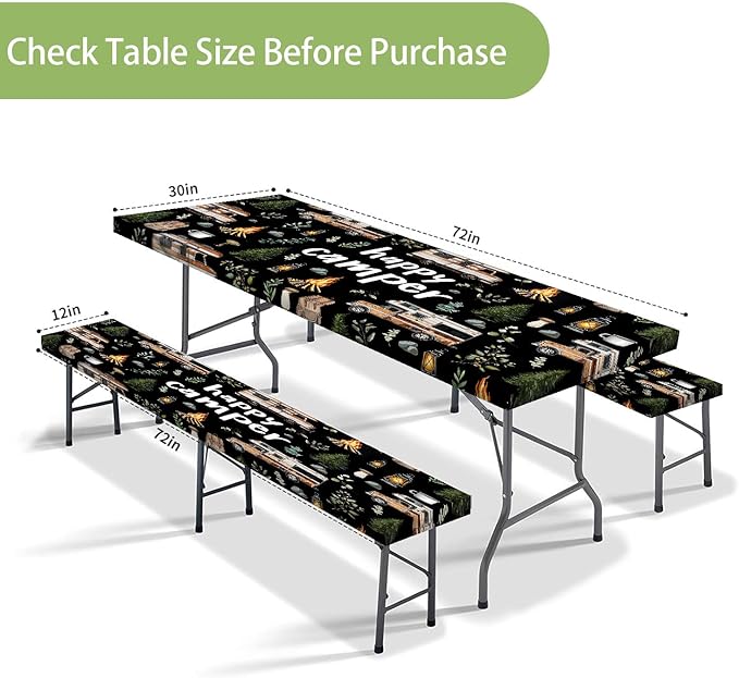 JAWO Picnic Table Cover with Bench Covers, Happy Camper Tablecloth,RV Plants Bonfire Black Rectangle Tablecloth for Indoor Outdoor Patio, 72x30 Inch