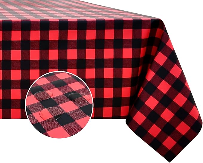 Romanstile Rectangle Vinyl Tablecloth, 100% Waterproof Buffalo Gingham Plastic Table Cloth, Heavy Duty Wipeable Checkered Table Covers for Outdoor, Camping, Picnic, Patio - 54 x 108, Black and Red
