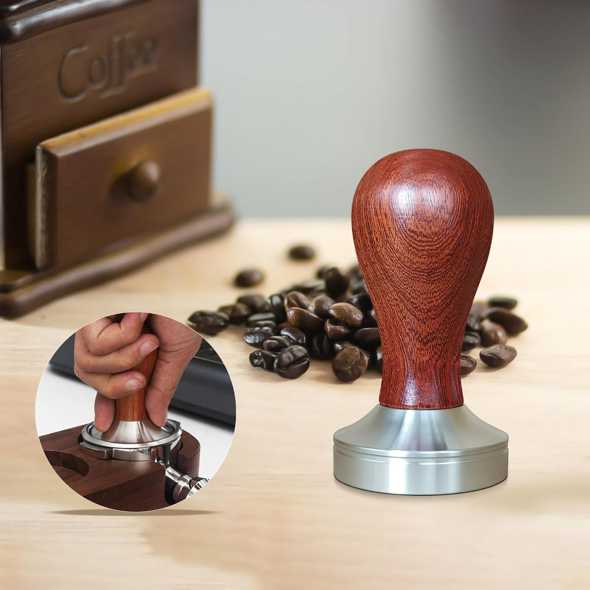 58mm Coffee Tamper Espresso Hand Tamper 304 Stainless Steel Espresso Wooden Handle Coffee Tamper with Mat (58mm)