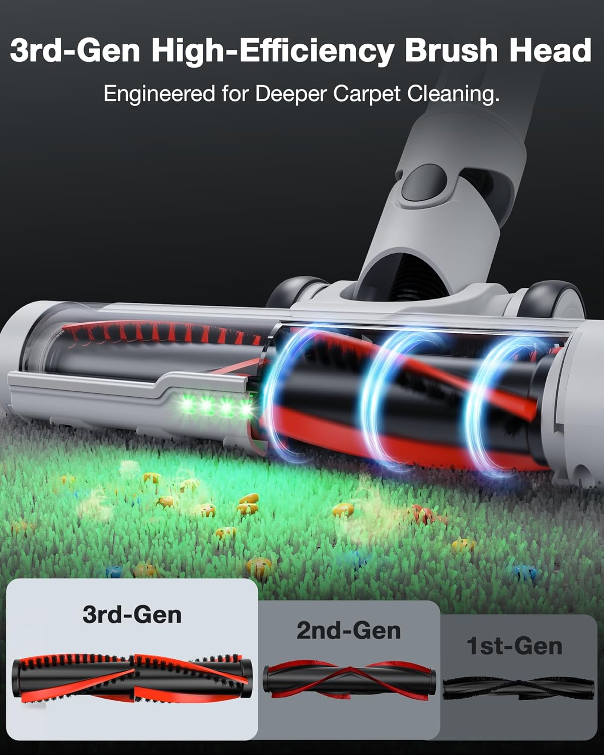 Cordless Stick Vacuum Cleaner for Home, Lightweight Rechargeable Vacuum with 55min Runtime, Powerful Suction, Green LED Headlight, 9-in-1 Pet Hair Carpet & Hardwood Floor Cleaner