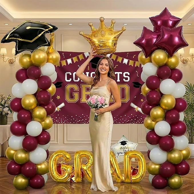 Maroon White Gold Balloon Garland Arch Kit with backdrop Stars Graduation Cap crown GRAD Letters Mylar Balloons for 2026 graduate Prom Decorations