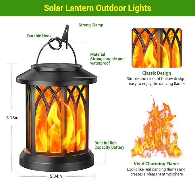 KOOPER Hanging Solar Lights Lantern Outdoor, Flickering Flames Solar Outdoor Lights, Solar Lanterns Outdoor Waterproof with Bigger Panel, Lanterns Decorative Outdoor for Yard Garden Decor, 2 Pack