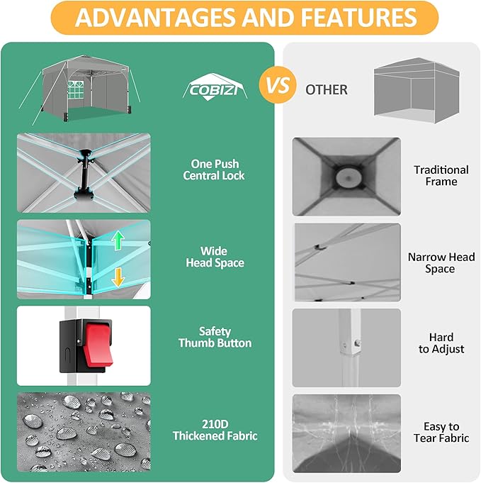 COBIZI Canopy Tent 10x10, Easy Up 10x10 Pop Up Canopy for Party Camping, Party Tents with One Push Central Button Air Vent, Outdoor Gazebo Tent with Sidewalls and Reflective Strip(Grey)