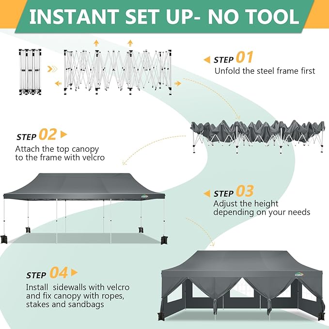 COBIZI 10x30 Pop Up Canopy with 8 Removable Sidewalls Party Tents for Parties Wedding Patio Commercial Waterproof and UV50+ Ez Outdoor Instant Gazebo with Roller Bag & 4 Sandbags（Slate Grey）