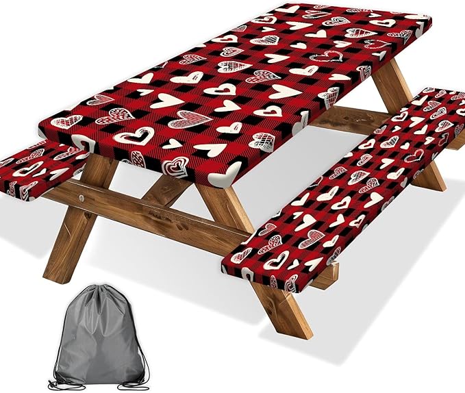 Valentines Day Picnic Table Cover with Bench Covers, Camping Essentials, Heart Buffalo Plaid Outdoor Table Covers, Waterproof Windproof, Fitted Tablecloth Cover with Elastic Edge, 3 PCS, 30x72 Inch
