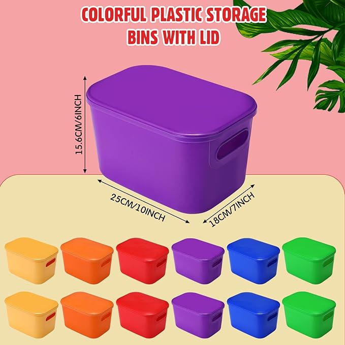 Thyle 24 Pack Vibrant Colorful Plastic Storage Bins with Lids 7 Quart Toy Storage Box Stackable Nestable Organizer Boxes with Handle and Labels for Classroom Shelf Bedroom Desktop Toys School Supplies