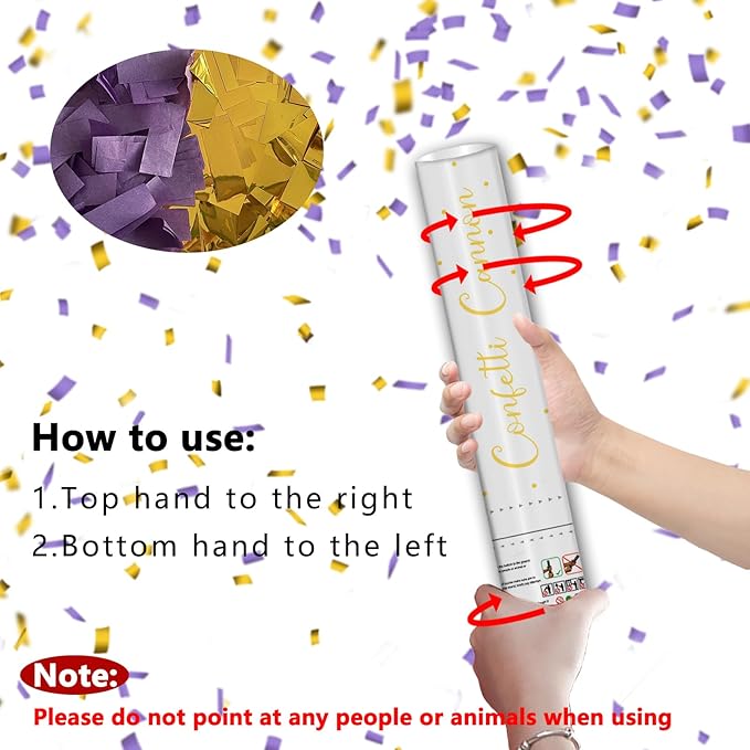 12" Purple & Gold Confetti Cannons - Party Poppers for Birthday Graduation Wedding Celebrations - Easy to Use, Biodegradable - Pack of 4