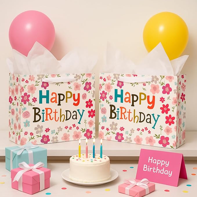 Febbleshow Pink Floral Birthday Gift Bags with Tissue Paper for Women Girls Kids - Colorful Letter Design with Pink Flowers Gift Bag - 13"x10.3"x4.7" (Pack of 2)