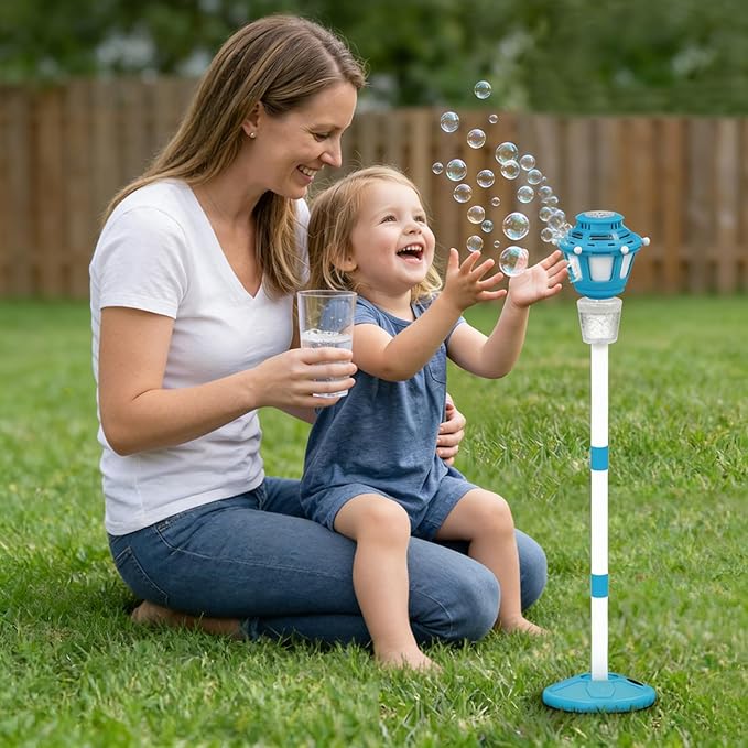 Bubble Machine Maker with Light and Music, Automatic Bubble Blower Summer Bubbles Toys, Rechargeable Automatic Bubble Machine Adjustable Height Outdoor Toy