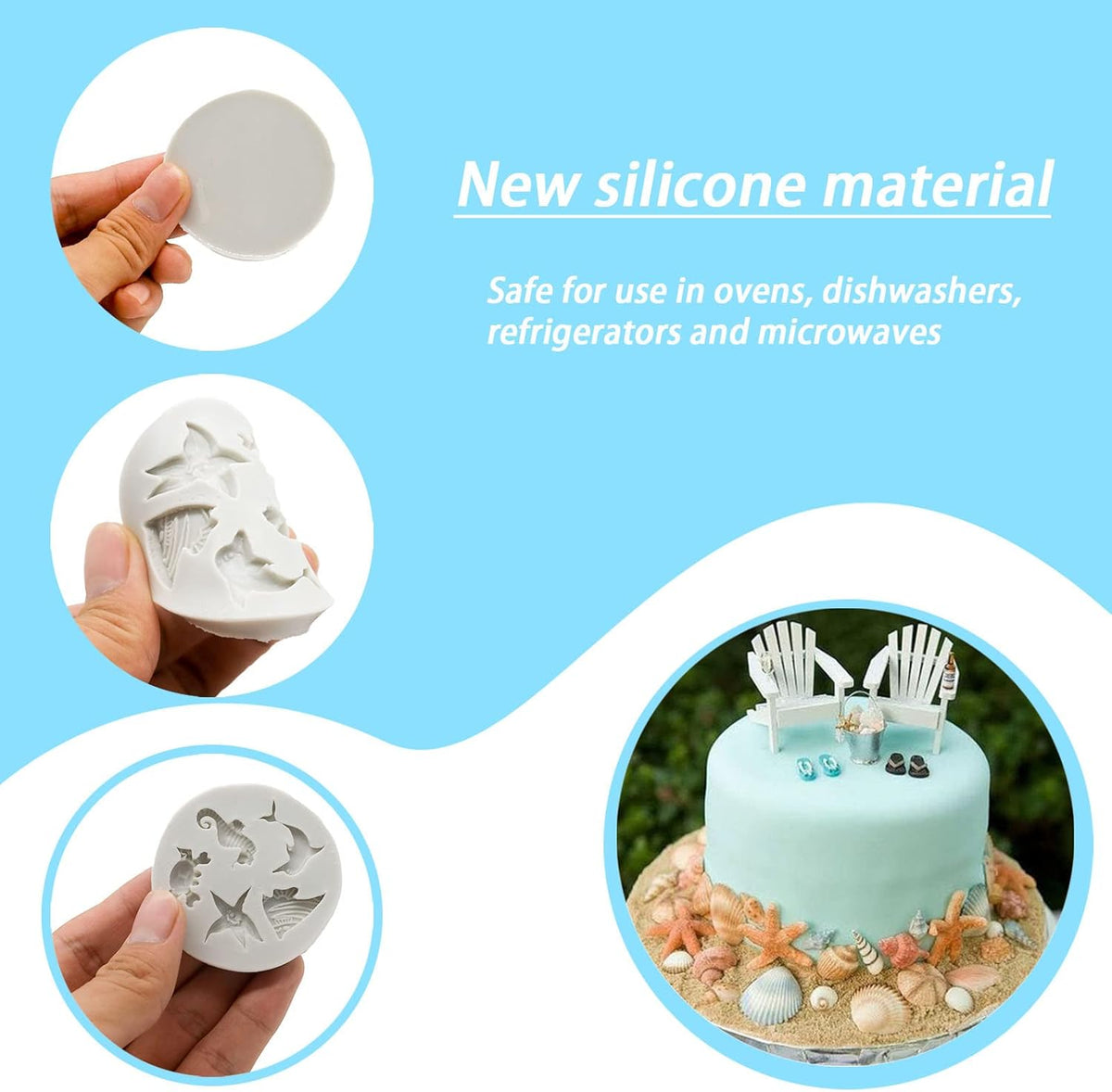 Memovan Marine Theme Silicone Fondant Mold 4pcs Under the Sea Cake Mold Hippocampus Seaweed Sea Fish Crab Coral Conch Sea Shell Silicone Chocolate