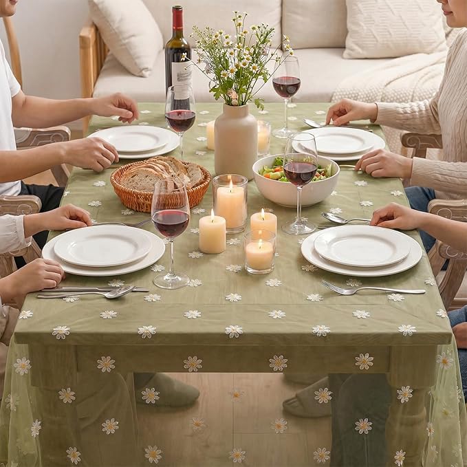 Horaldaily Sage Green Embroidery Daisy Spring Summer Gauze Tablecloth 60×104 Inch Rectangular, Seasonal Tulle Table Cover, Garden Party Decorations for Wedding, Party, Holiday Dining